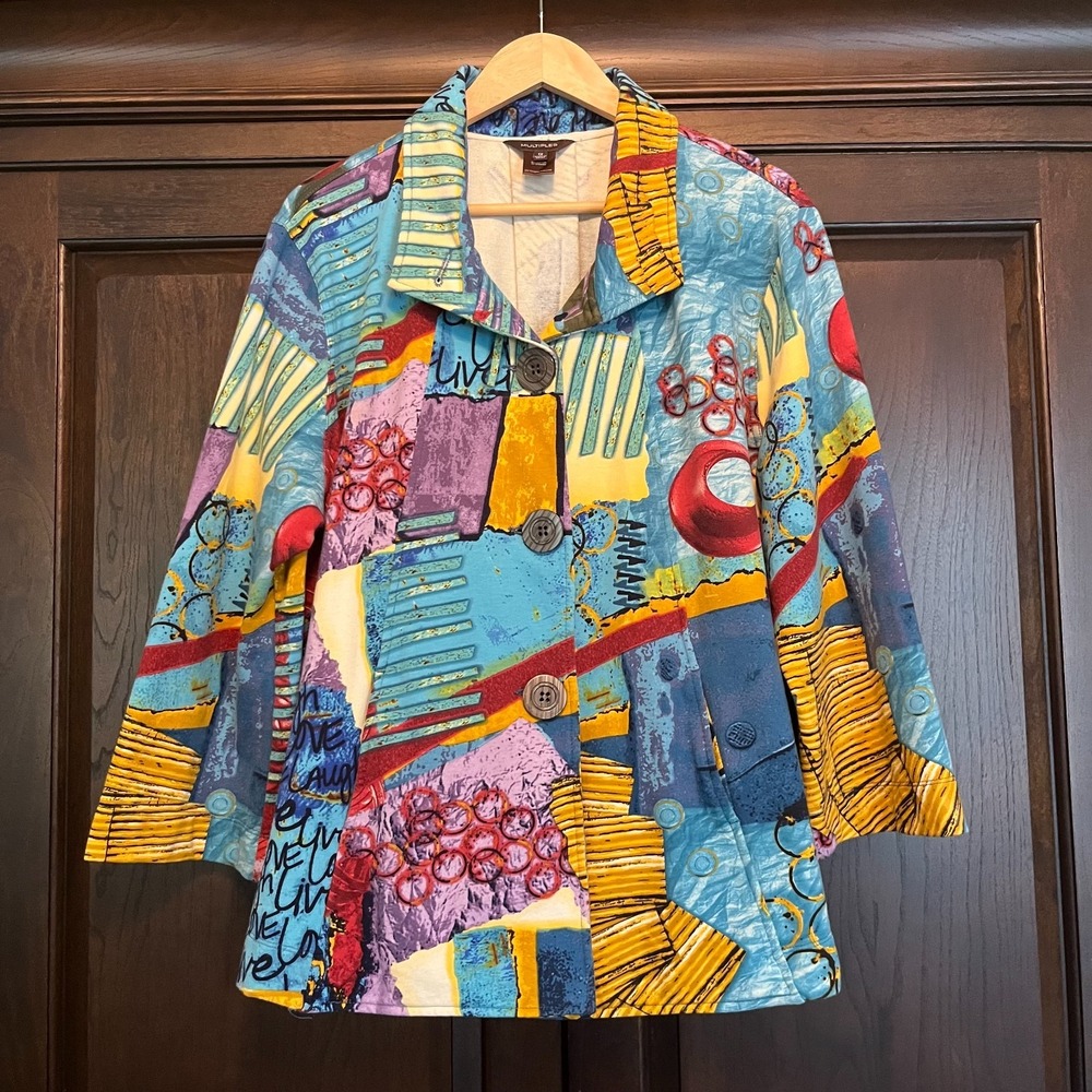 Multiples Colorful Knit Jacket Womens Plus Size 1X Abstract Artsy 3/4 Sleeves